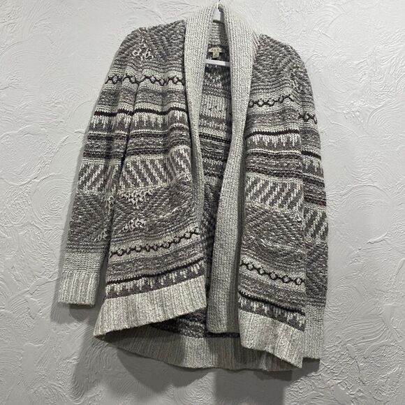 Lucky Brand Grey Cream and Brown Collared Open Front Wool Blend Cardigan- Medium - Picture 1 of 8